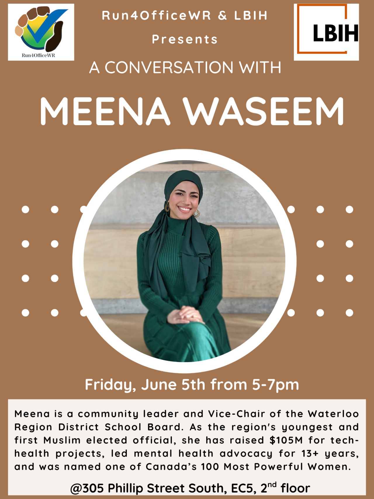 Event poster for Run4OfficeWR with Meena Waseem